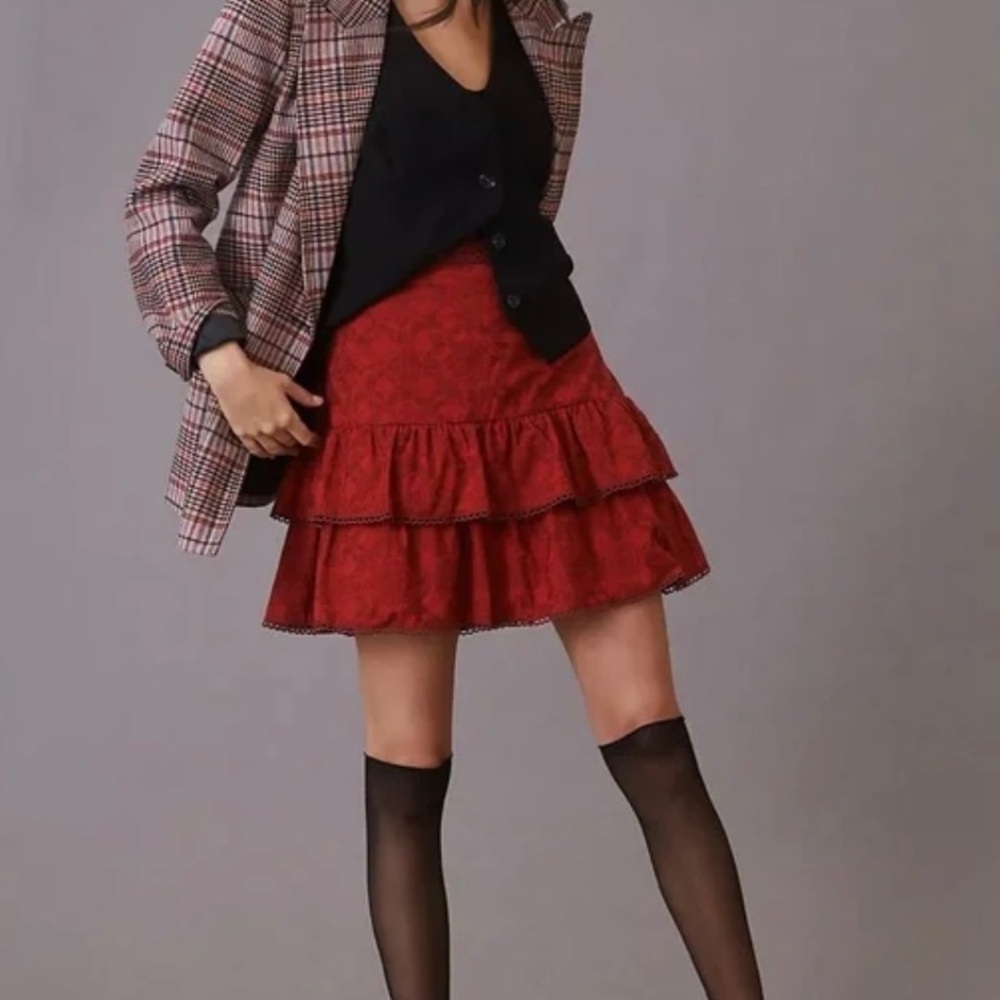 Anthropologie Maeve Embroidered Mini Skirt Red Size 0